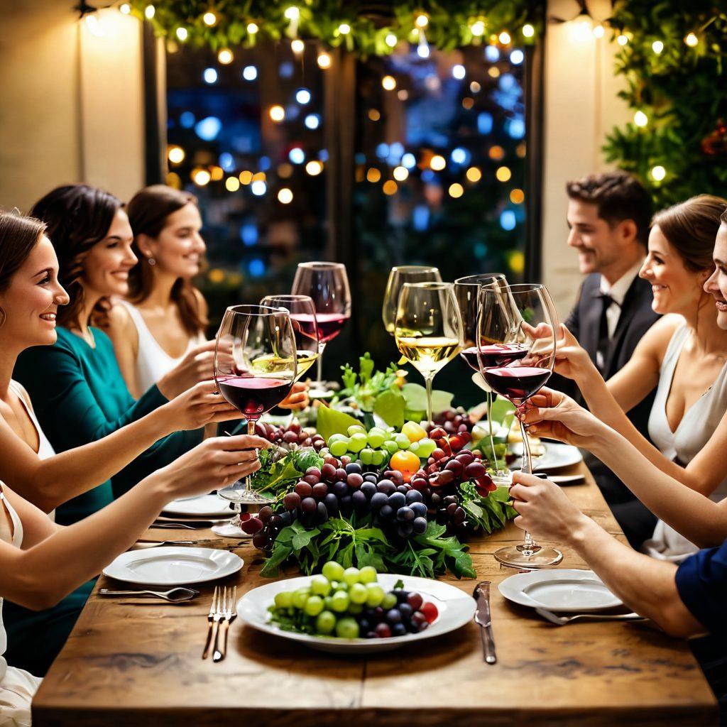 A beautifully set table with an array of elegant wine glasses filled with various vibrant wines, surrounded by cheerful guests toasting with their glasses. Include delicately arranged finger foods and soft fairy lights for a festive ambiance. Capture moments of laughter and joy, with a backdrop of lush greenery or a cozy indoor setting. super-realistic. vibrant colors. festive atmosphere.