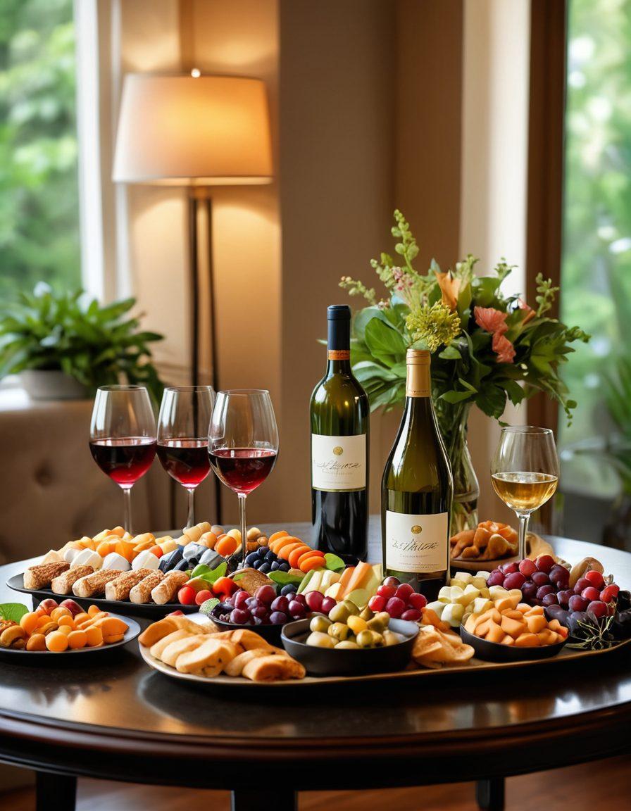 A beautifully arranged table featuring an assortment of premium 85cc wine bottles in elegant packaging, accompanied by gourmet snacks and sparkling glassware. Soft natural lighting creates a warm ambiance, with a background of lush greenery or a cozy indoor setting. The scene conveys a sense of celebration and joy, inviting viewers to indulge in their moments. lush colors. super-realistic. warm lighting.