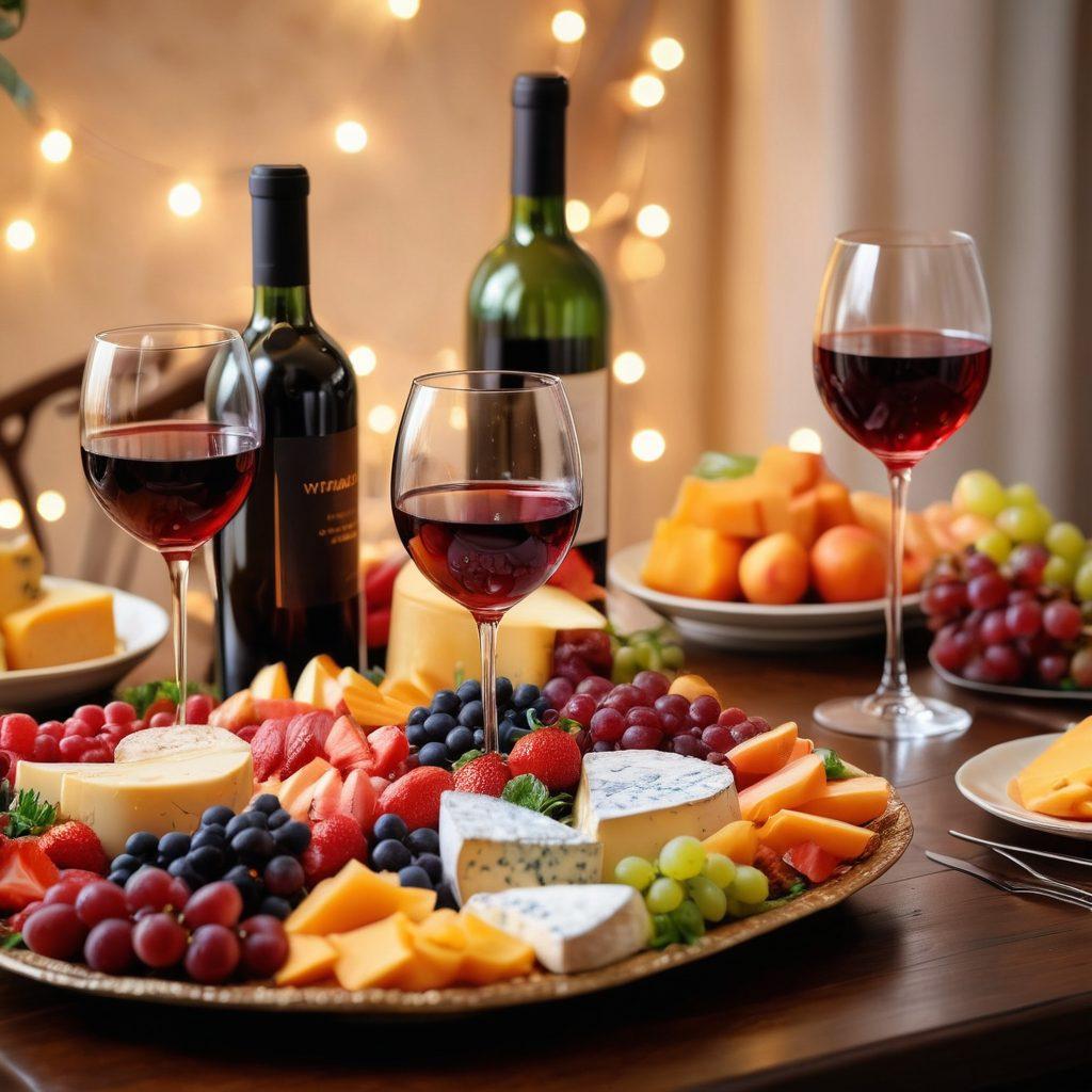 A beautifully arranged table adorned with an array of elegant wine glasses filled with various red, white, and rosé wines, accompanied by vibrant cheese platters and fresh fruits. The background features subtle festive decorations such as twinkling fairy lights and a warm, inviting ambiance. Incorporate people laughing and toasting, celebrating joyful moments together. super-realistic. vibrant colors. warm lighting.